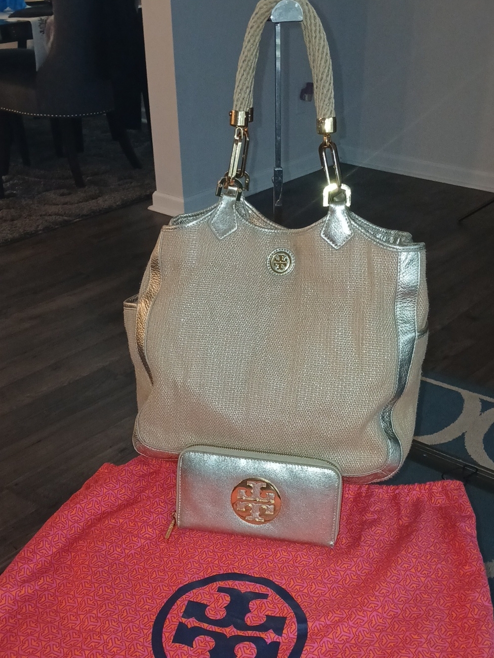 Tory Burch Metallic Beige Tote with Gold Hardware and Matching Wallet